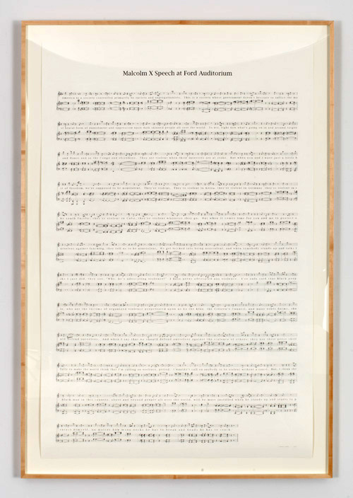 Charles Gaines. Manifestos 2: Malcolm X Speech at Ford Auditorium, (1965) 2013. Graphite on Rising Barrier paper, 73.50 x 48 in.
Image courtesy of the Artist and Paula Cooper Gallery.
