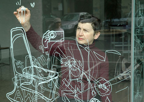 Gosia Wlodarczak. Within, frost drawing for RMIT; performative drawing on glass, 2008. Photo: Longin Sarnecki.