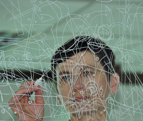 Gosia Wlodarczak. Frost Drawing For Kallang, 2011, image 3. Performative drawing on glass
(in situ), at the Old Kallang Airport, Singapore.