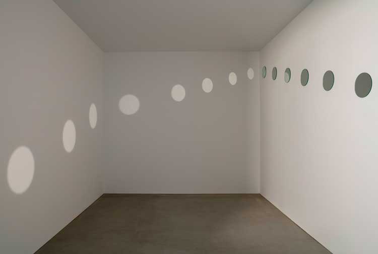 Nancy Holt, Mirrors of Light II, 1974. Ten mirrors, 650 watt quartz light. Installation view, Nancy Holt: MoonSunStarEarthSkyWater, Goodwood Art Foundation, 2026. Artwork © Holt/Smithson Foundation / Licensed by Artists Rights Society, New York. Photo: Lucy Dawkins / Courtesy Goodwood Art Foundation.