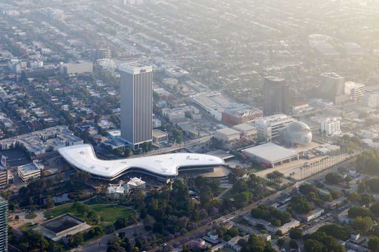 Aerial view of LACMA buildings, including David Geffen Galleries in context of Miracle Mile. Photo © Iwan Baan.