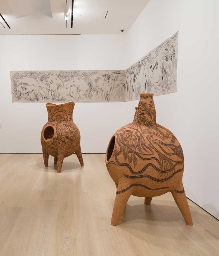 Gabriel Chaile, adobe oven sculptures. Installation view, Several Eternities in a Day: Form in the Age of Living Materials, Hammer Museum, Los Angeles, 5 April – 23 August 2026. Photo: Jeff McLane.