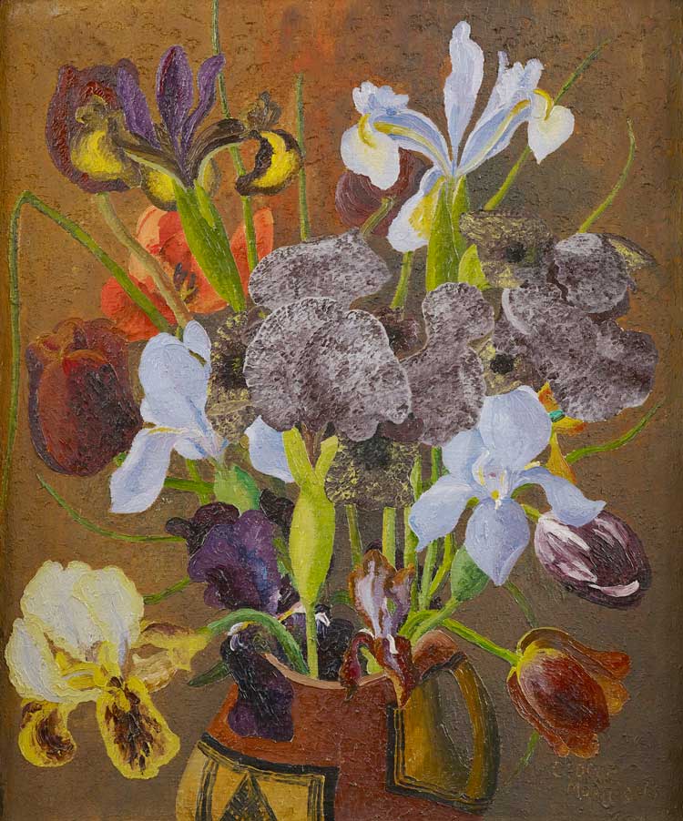 Cedric Morris, Irises and Tulips,1935. Oil on canvas. Private Collection care of Philip Mould & Company.