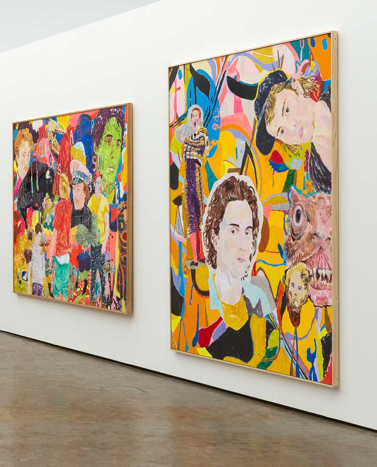 Right: Richard Hawkins, Left to His Own Devices, 2024. Acrylic on panel, 224 x 178 x 5 cm; Left: To Divide Him Vein by Vein, 2020, acrylic on panel, 178 x 223.5 x 5 cm. Installation view, Kunsthalle Wien 2025. Courtesy the artist; Galerie Buchholz, Cologne / Berlin / New York and Greene Naftali, New York. Photo: Markus Wörgötter.