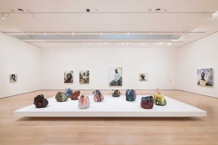 Work by Brian Rochefort (foreground) and Greg Breda. Installation view, Made in L.A. 2025, Hammer Museum, Los Angeles, October 5, 2025–
March 1, 2026. Photo: Sarah Golonka.