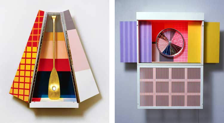 Left: Robert Rauschenberg, Publicon–Station I, 1978. Painted wood cabinet with fabric collage, Plexiglas mirror, polished aluminum, with gold-leafed paddle and electric lights, 59 x 30 x 12 in (149.9 x 76.2 x 30.5 cm) all dimensions in closed position. Right: Publicon–Station IV, 1978. Wood and aluminium with baked epoxy enamel, collaged fabrics, bicycle wheel, plexiglas, fluorescent light bulb, and lacquer, overall (closed): 71.1 × 91.4 × 33 cm (28 × 36 × 13 in); overall (open): 132.08 × 162.56 × 33.02 cm (52 × 64 × 13 in). Courtesy of Gemini G.E.L. and the Artist.
