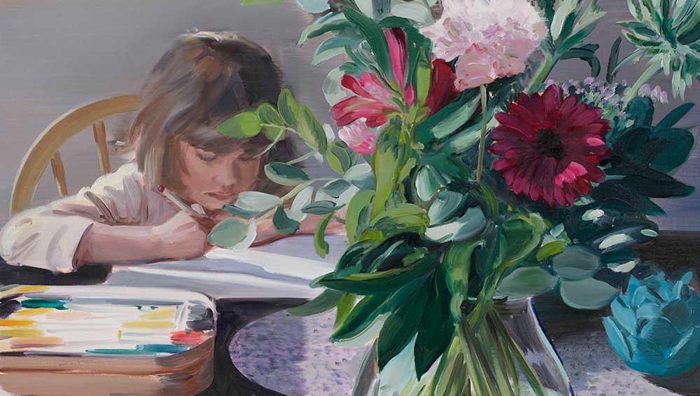 Caroline Walker, Kitchen Table, 2025. Oil on canvas. © Caroline Walker, Courtesy the Artist; GRIMM, Amsterdam / New York / London; Ingleby Gallery, Edinburgh; and Stephen Friedman Gallery, London and New York Photo: Isla Macer Law.
