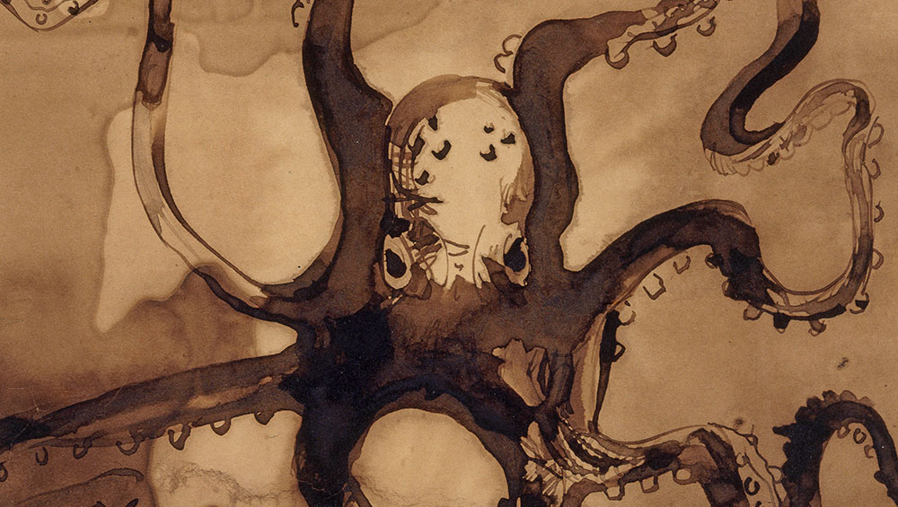Victor Hugo, Octopus, 1866–69. Brown ink and wash and graphite on paper, 24 x 20.7 cm. Bibliothèque nationale de France, Département des Manuscrits.