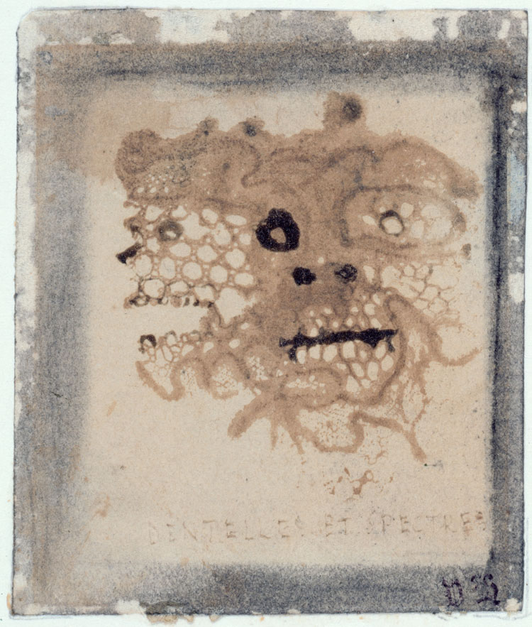 Victor Hugo, Lace and Spectres, c1855-56, Pen and brown ink wash, charcoal and lace imprint on paper, 7.2 x 6.1 cm. Maisons de Victor Hugo, Paris / Guernsey. Photo: CCØ Paris Musées / Maison de Victor Hugo.