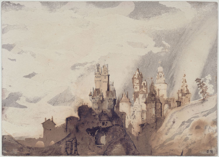 Victor Hugo, The Cheerful Castle, c1847. Pen, brown and black ink and wash, crayon on cardboard, 15.8 x 22.2 cm. Maisons de Victor Hugo, Paris / Guernsey. Photo: CCØ Paris Musées / Maisons de Victor Hugo.