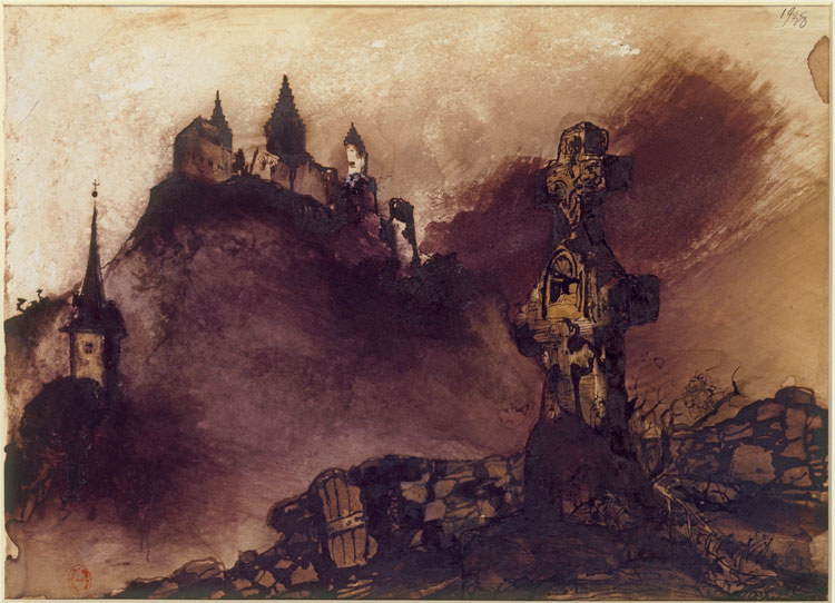Victor Hugo, The Town of Vianden, with Stone Cross, 1871. Brown and black ink, brown and purple wash, graphite and varnish on paper, 25 x 34.5 cm. Bibliothèque nationale de France, Département des Manuscrits.