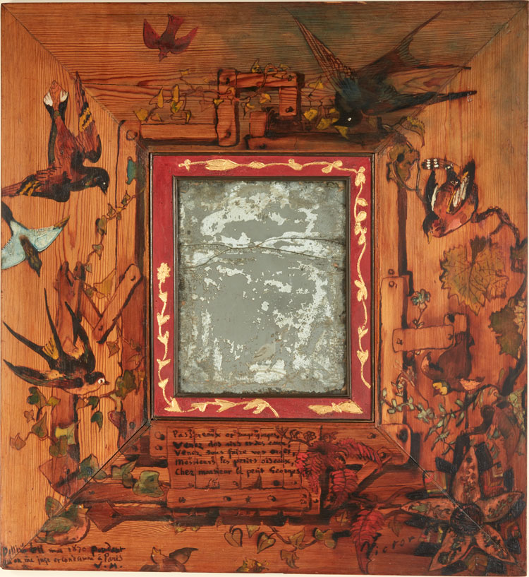 Victor Hugo, Mirror with Birds, 1870. Hand-painted and inscribed wooden frame, oil paint, varnish, 70 x 65 cm. Maisons de Victor Hugo, Paris / Guernsey. Photo: CCØ Paris Musées / Maisons de Victor Hugo.