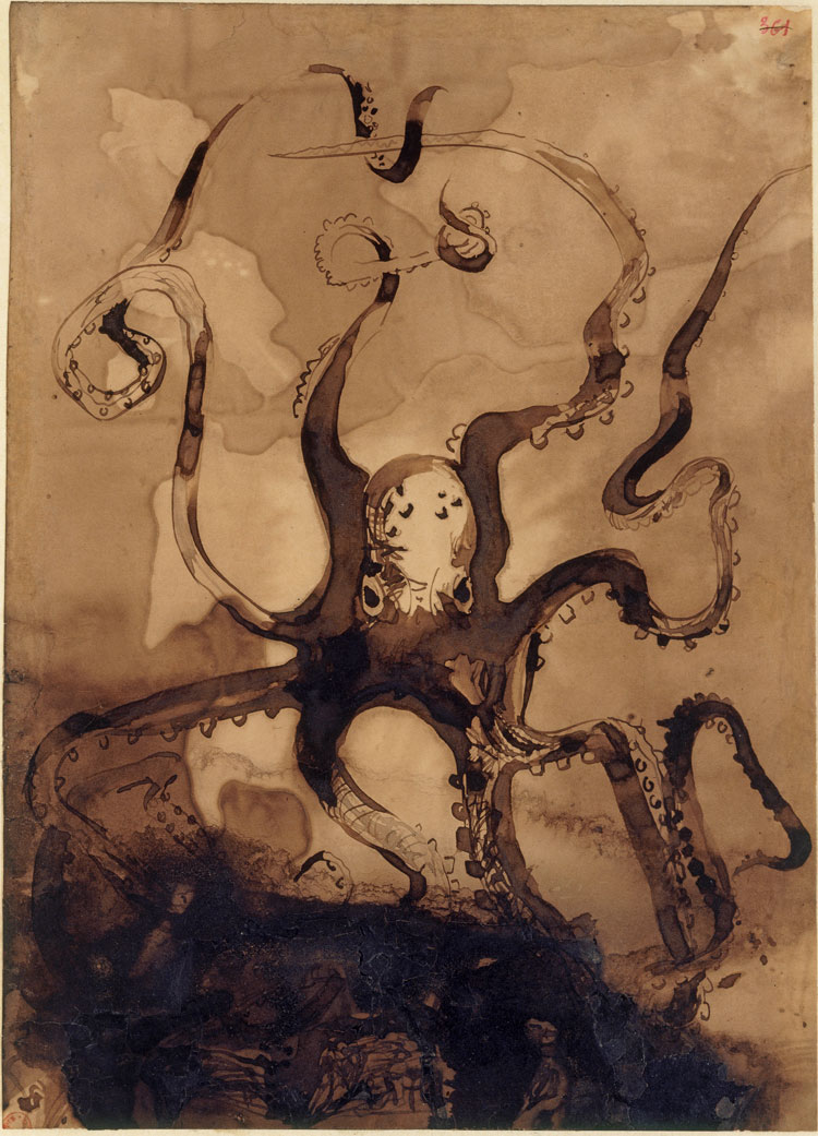 Victor Hugo, Octopus, 1866–69. Brown ink and wash and graphite on paper, 24 x 20.7 cm. Bibliothèque nationale de France, Département des Manuscrits.
