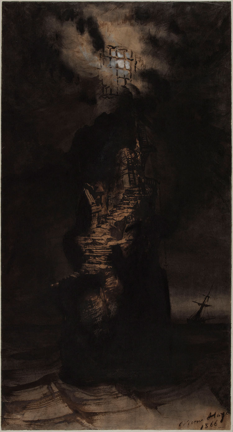 Victor Hugo, The Lighthouse at Casquets, Guernsey, 1866, Brown ink and wash, black crayon, black chalk and white gouache on paper, 89.8 x 48 cm. Photo: CCØ Paris Musées / Maison de Victor Hugo.