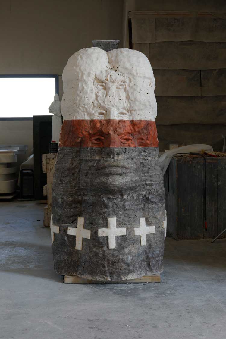 Raven Halfmoon. Dancing at Dusk, 2024. Travertine, 182.9 x 91.4 x 91.4 cm (72 x 36 x 36 in). Image courtesy of the artist and Salon 94. © Raven Halfmoon. Photo: Paola Tazzini Cha.