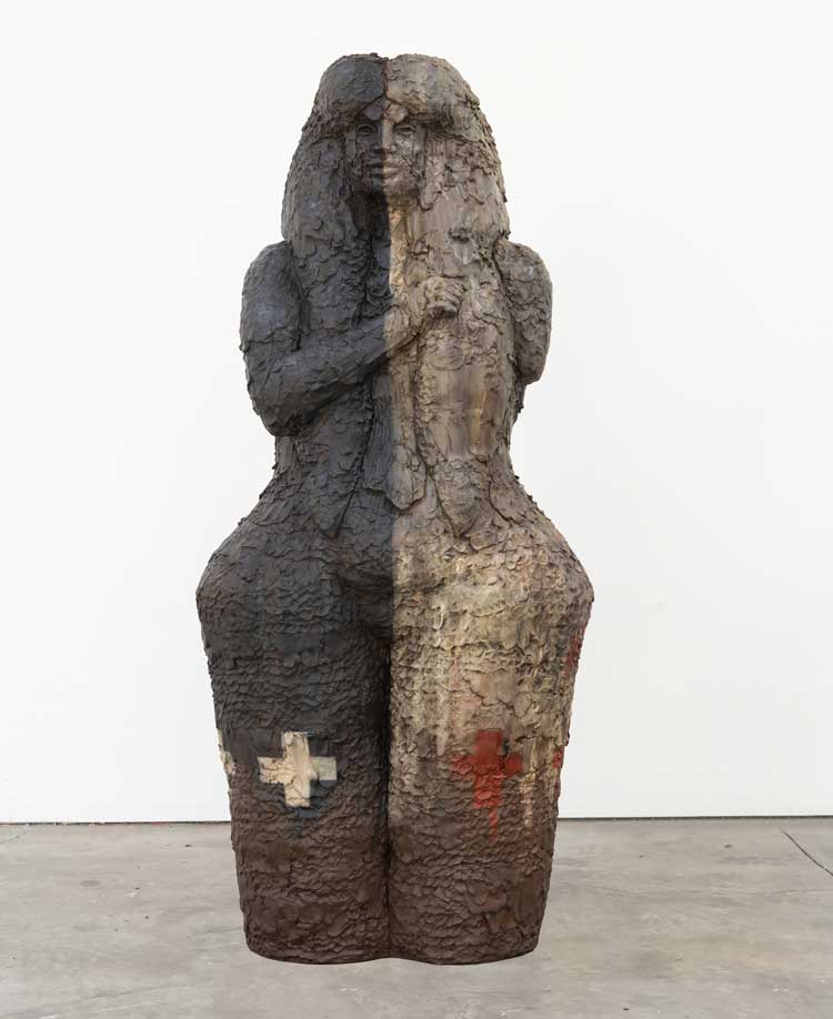 Raven Halfmoon. The Guardians, 2024. Bronze, 274.3 x 120.3 x 111.2 cm (108 x 47.38 x 43.79 in). Image courtesy of the artist and Salon 94. © Raven Halfmoon.