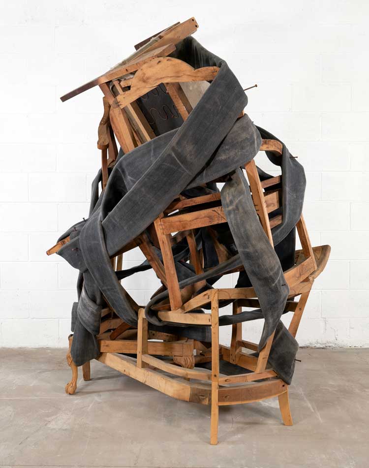 Lonnie Holley, Without Skin, 2023. Fire hoses, wooden chairs, and nails. Image courtesy of the artist and Edel Assanti. Photo: Truett Dietz.