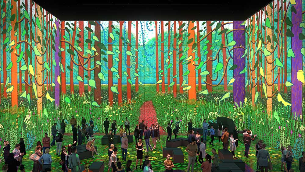 David Hockney viewing the model box containing August 2021, Landscape with Shadows. Twelve iPad paintings comprising a single work © David Hockney. Photo: Mark Grimmer.