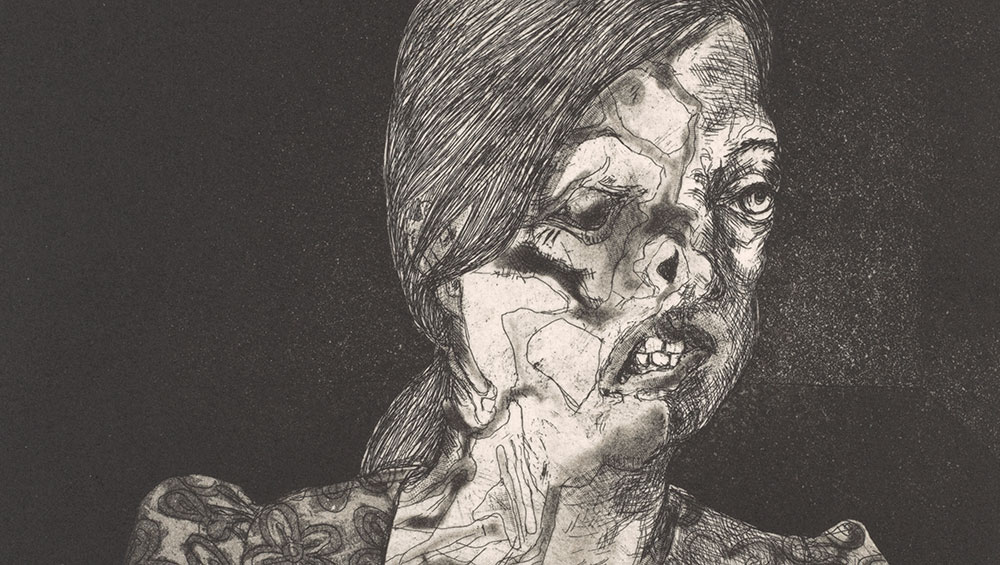 Marcelle Hanselaar, They threw acid in her face, 2015. Etching and aquatint. No.6 from the set The Crying Game. © Marcelle Hanselaar.
