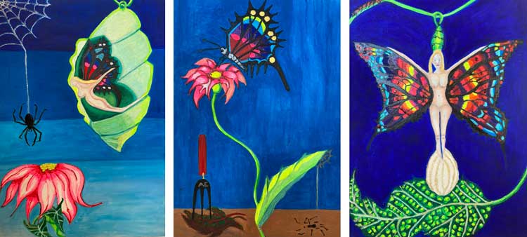 Angeline Easter. Left: The Fear; Centre: The Solution; Right: Freedom. Each acrylic painting, 58.5 x 41.5 cm. Photo: Anna McNay.