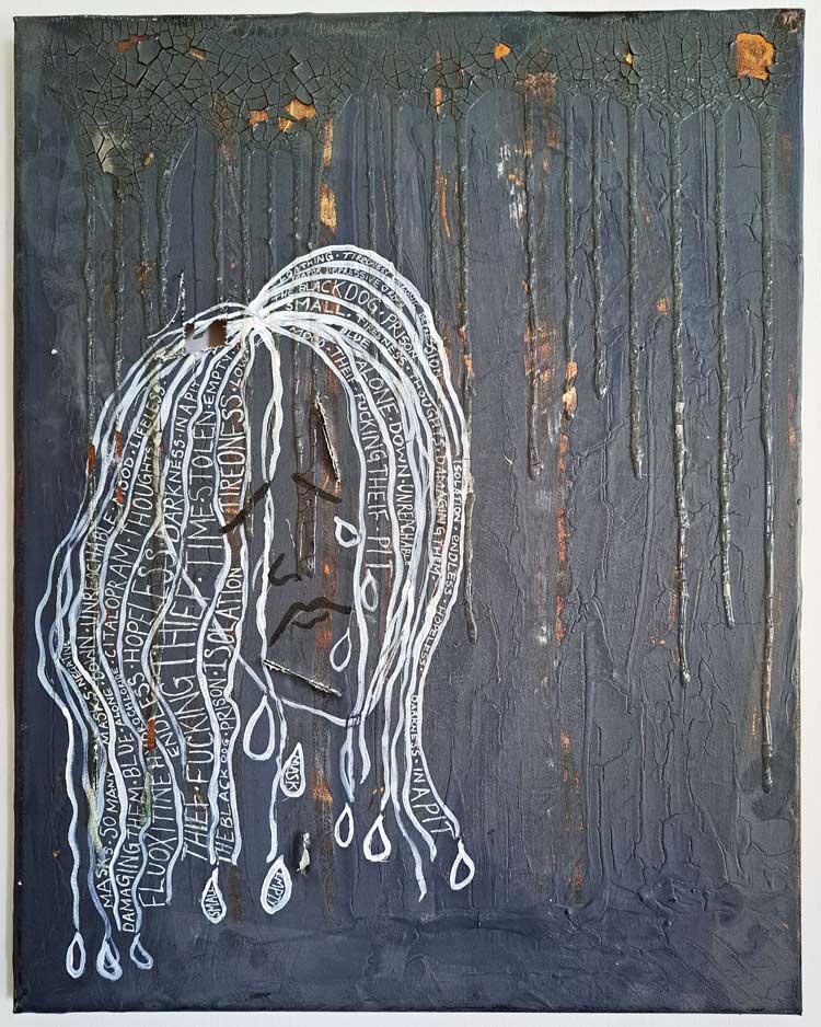 Denise Johansen, The Depths. 3D dripped glaze with shards of CD, 50 x 40 cm. Photo courtesy H’arts in Mind.