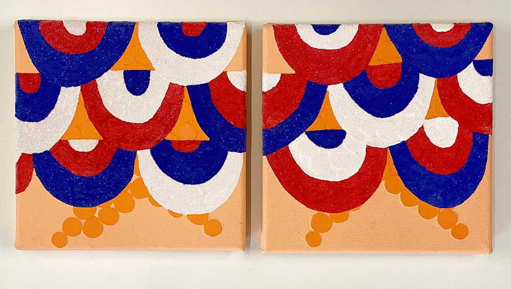 Jo Bruton. Star, 2003. Acrylic and glass beans on canvas, 20 x 41 cm (each panel 20 x 20 cm. Copyright the Artist, Image Courtesy Richard Saltoun Gallery London and Rome, and Matt's Gallery, London.