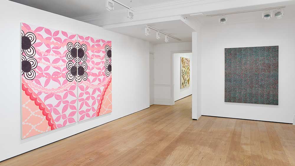 Jo Bruton. Cabaret, 2000. Acrylic and glass beads on canvas, 210 x 273 cm (each panel 210 x 135 cm). Copyright the Artist, Image Courtesy Richard Saltoun Gallery London and Rome, and Matt's Gallery, London.