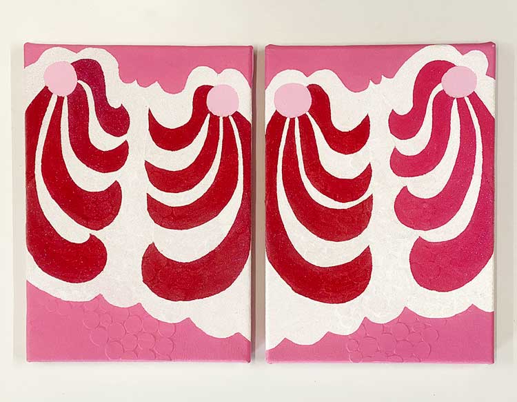 Jo Bruton. Lapdance, 2003. Acrylic and glass beans on canvas, 35.5 x 51 cm (each panel 35.5 x 25 cm). Copyright the Artist, Image Courtesy Richard Saltoun Gallery London and Rome, and Matt's Gallery, London.