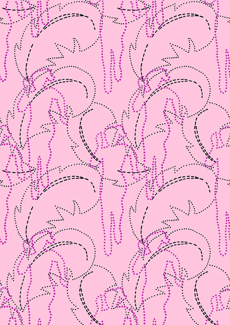 Jo Bruton. Feather Run, 2022. Wallpaper. 52 cm x 10 m. Copyright the Artist, Image Courtesy Richard Saltoun Gallery London and Rome, and Matt's Gallery, London.