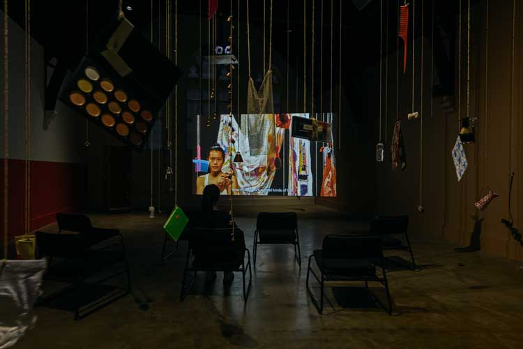 Installation view of Every Ocean Hughes: One Big Bag, 2021, at Studio Voltaire. Photo: Francis Ware. Co–commissioned by Studio Voltaire, London and Institute of Contemporary Art, Los Angeles.