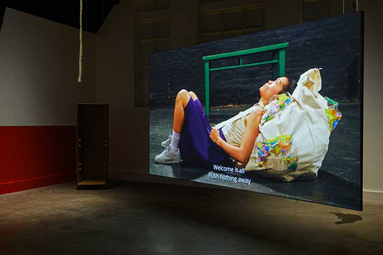 Installation view of Every Ocean Hughes: One Big Bag, 2021, at Studio Voltaire. Photo: Francis Ware. Co–commissioned by Studio Voltaire, London and Institute of Contemporary Art, Los Angeles.