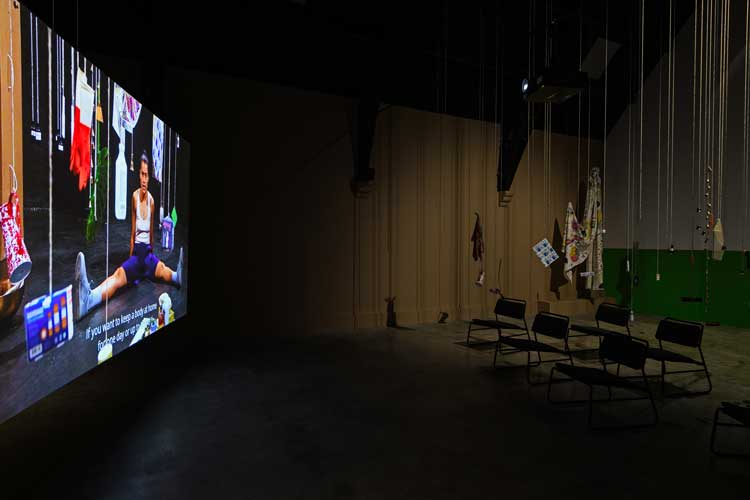 Installation view of Every Ocean Hughes: One Big Bag, 2021, at Studio Voltaire. Photo: Francis Ware. Co–commissioned by Studio Voltaire, London and Institute of Contemporary Art, Los Angeles.