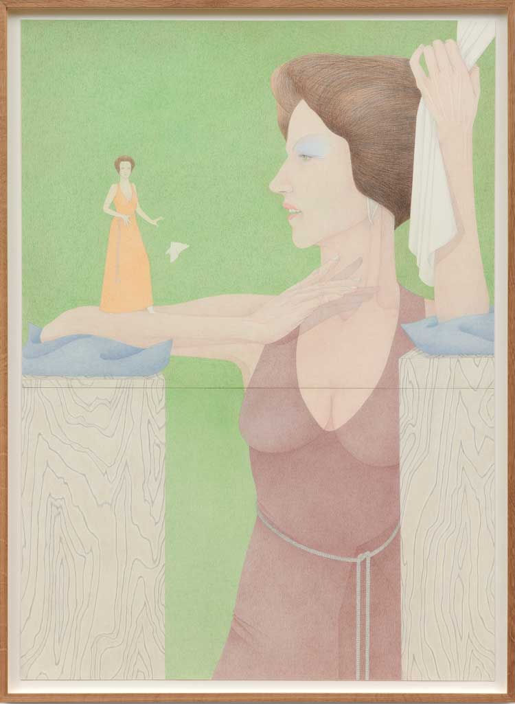 Donna Huddleston. The Stand In, 2021. Caran d'ache on paper, 71.8 x 99.8 cm (28 1/4 x 39 1/4 in). Courtesy of the artist and Simon Lee Gallery. © Donna Huddleston. Photo: Ben Westoby.