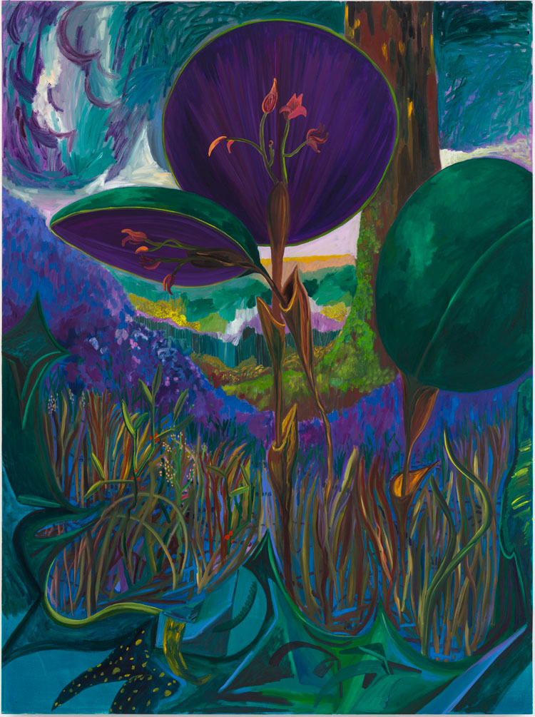 Shara Hughes. Hard Hats, 2021. Oil and dye on canvas, 243.8 x 182.9 cm (96 x 72 in). Courtesy of the artist and Pilar Corrias, London.