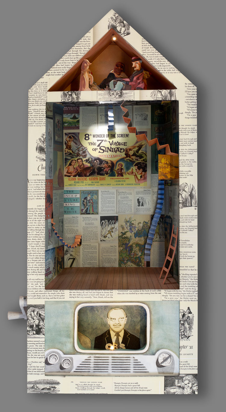 Valerie Hird, Network News, 2020. Wood, screws, foamcore, book text, paper, watercolour, electrical wire, LEDs, batteries, 28 x 12 x 6 1/2 in (71.1 x 30.5 x 16.5 cm).
