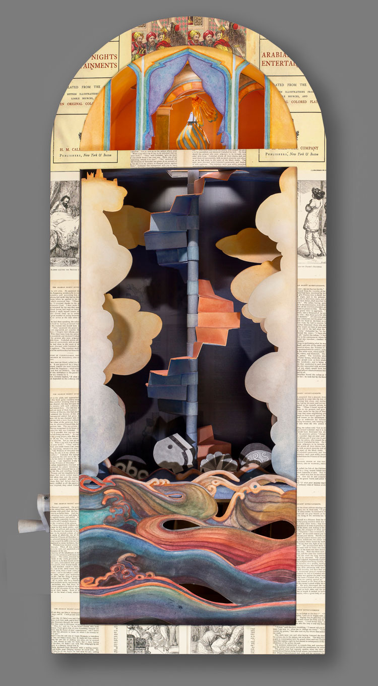 Valerie Hird, Transition, 2020. Wood, screws, foamcore, book text, paper, watercolour, ink, electrical wire, LEDs, batteries, 28 x 12 x 6 1/2 in (71.1 x 30.5 x 16.5 cm).