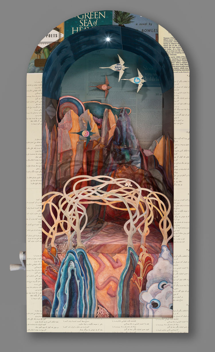 Valerie Hird, New Media, 2020. Wood, screws, foamcore, book text, paper, watercolour, ink, electrical wire, LEDs, batteries, 28 x 14 x 6 1/2 in (71.1 x 35.6 x 16.5 cm).