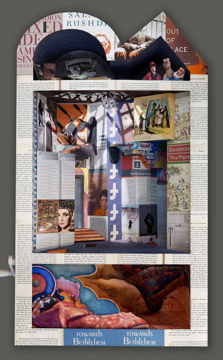 Valerie Hird, Boxed In, 2020. Wood, screws, foamcore, book text, paper, watercolour, ink, 28 x 16 x 6 1/2 in (71.1 x 40.6 x 16.5 cm).