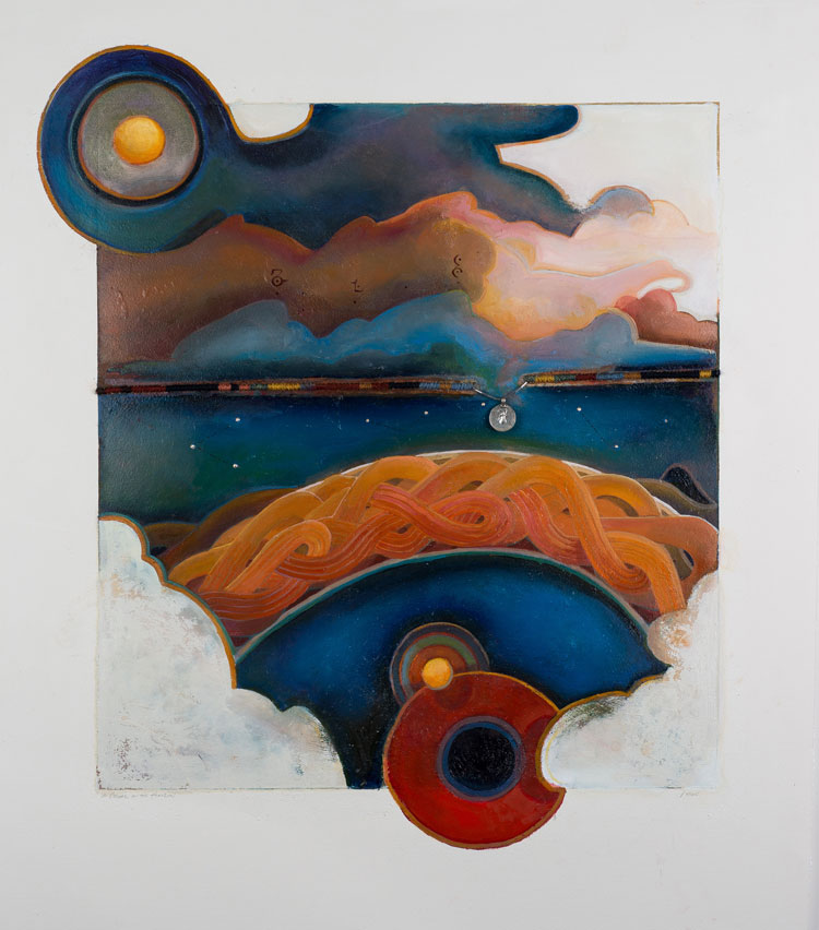 Valerie Hird, Break in the Horizon, 2019. Oil, monotypes, gesso, Arches paper silver leaf, silver amulet, 23 1/2 x 22 in (59.7 x 55.9 cm).