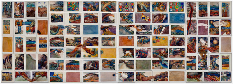 Valerie Hird, Source Code, 2016-2020. Installation, watercolour, foam core, Stonehenge paper, 94 sheets, 45 x 108 in (114.3 x 274.3 cm), 62 sheets, 6 x 9 in, 32 sheets: 9 x 6 in.