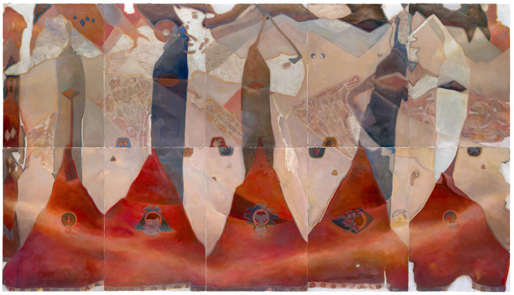 Valerie Hird, The Elder Gods Weren't Male, 2019. Oil on gessoed Arches paper, 80 x 150 in (203.2 x 381 cm). each sheet 40 x 30 in.