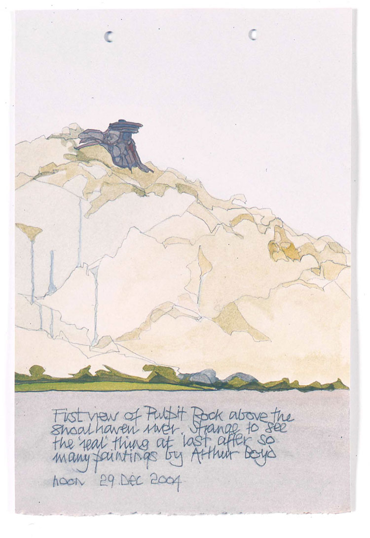 Philip Hughes. First view of Pulpit Rock, Bundanon, 2004. Acrylic and gouache on paper, 60 x 60 cm. Image courtesy the artist.
