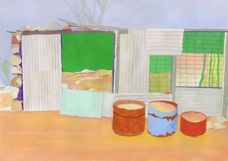 Philip Hughes. Lightning Ridge: Miner’s Hut 2019-20. Acrylic and pastel on paper. Image courtesy the artist.