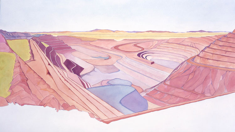 Philip Hughes. The Terraces of Mount Tom Price Mine, 2005. Acrylic and aquacryl on paper, 87 x 151 cm. Image courtesy the artist.