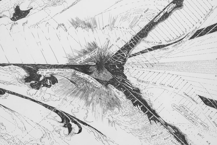 Marguerite Humeau. High Tide. Black ink pen on layout paper, 91 x 184 cm. Exhibition view, Clearing Brussels Year, 2019. Photo: Eden Krsmanovic. Courtesy the artist, CLEARING New York/Brussels.