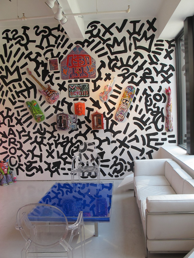 Caligrafitti in 2012 at Leila Heller Gallery in Chelsea featuring works by LA2 and table by Yves Klein.
