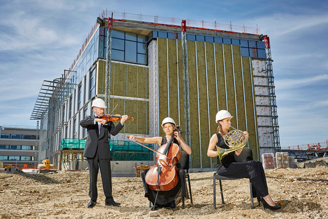 Callum Hüseyin and the Royal Philharmonic Orchestra, Let’s Finish It. The Centre for Cancer Drug Discovery building site. Photo courtesy Institute of Cancer Research.