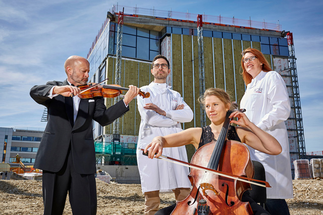 Callum Hüseyin and the Royal Philharmonic Orchestra, Let’s Finish It. The Centre for Cancer Drug Discovery building site. Photo courtesy Institute of Cancer Research.
