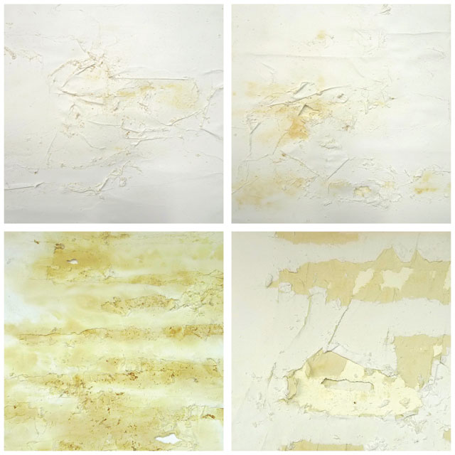 Birgitta Hosea. Scrubbed Clean, 2018 (detail). Bleach, Cif, bicarbonate of soda and flour on paper with projected animation, 260 x 470 cm. Installation view.