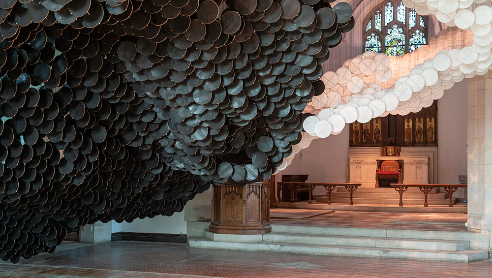 Jacob Hashimoto. Never Comes Tomorrow, 2015-18, Liggett Hall, Governors Island. Photograph: Timothy Schenck.